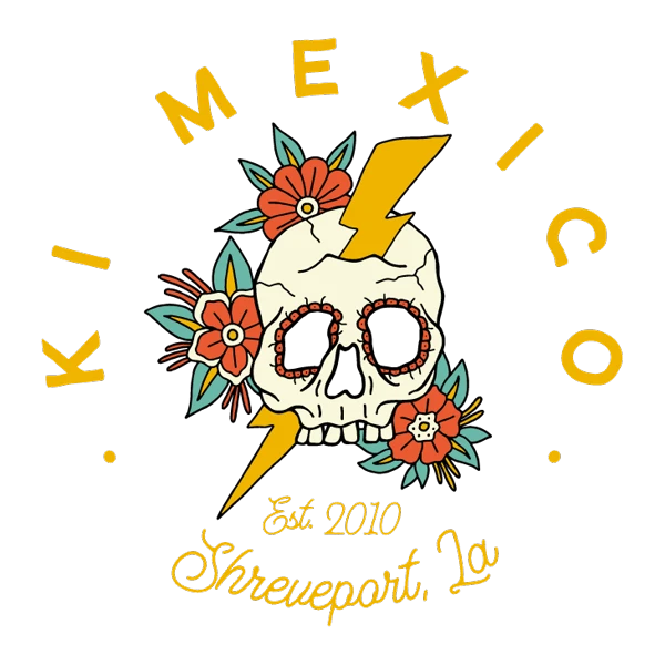 Ki' Mexico logo: a calavera with a lightning bolt and flowers, Est. 2010, Shreveport, La